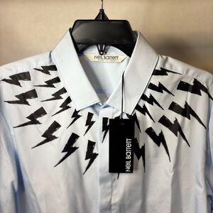 Neil Barrett Thunderbolt Sky Blue Shirt with Black Lightning Design
